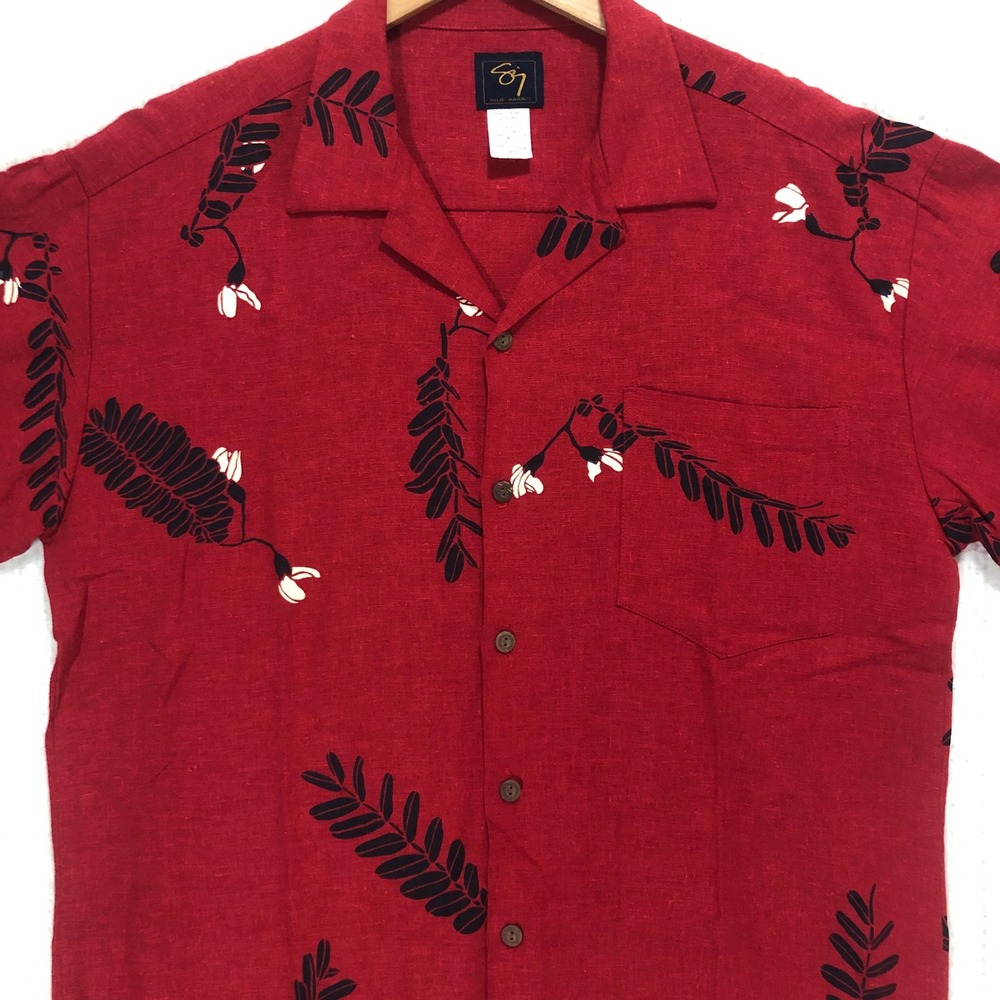Sig Hilo Hawaii Mens Red Linen Rayon Botanical Leaf Camp Shirt Style 9701 Small